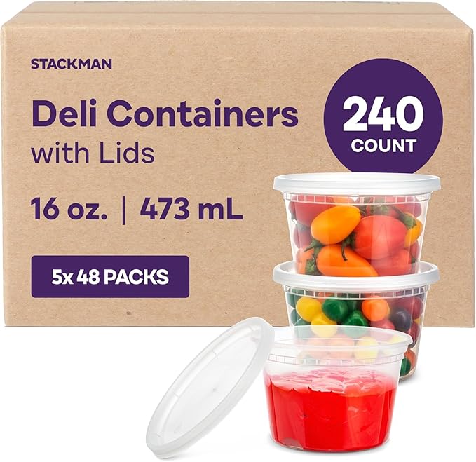 Stack Man [240 Sets - 16 oz.] Clear Plastic Deli Food Storage Containers with Airtight Lids - Soup Containers - Bulk Pack - 240/Case Brand