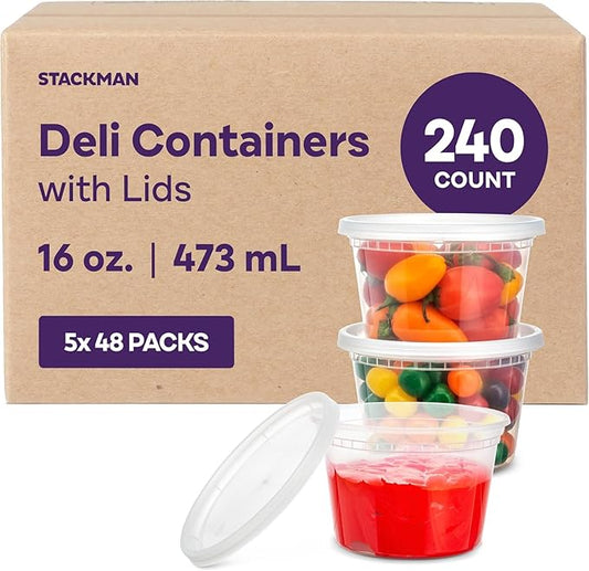 Stack Man [240 Sets - 16 oz.] Clear Plastic Deli Food Storage Containers with Airtight Lids - Soup Containers - Bulk Pack - 240/Case Brand