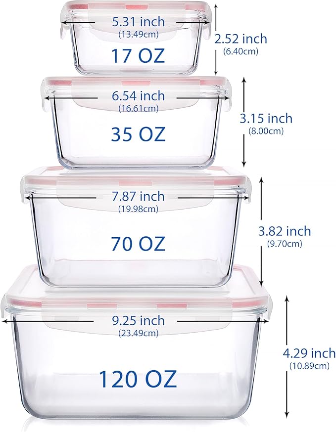 Extra Large Glass Storage Containers with Lids, Set-8-Piece Lunch Containers, Ideal for Storing Food, Vegetables, Fruits, Baking Cake & lot of other Tasty Food (Square)