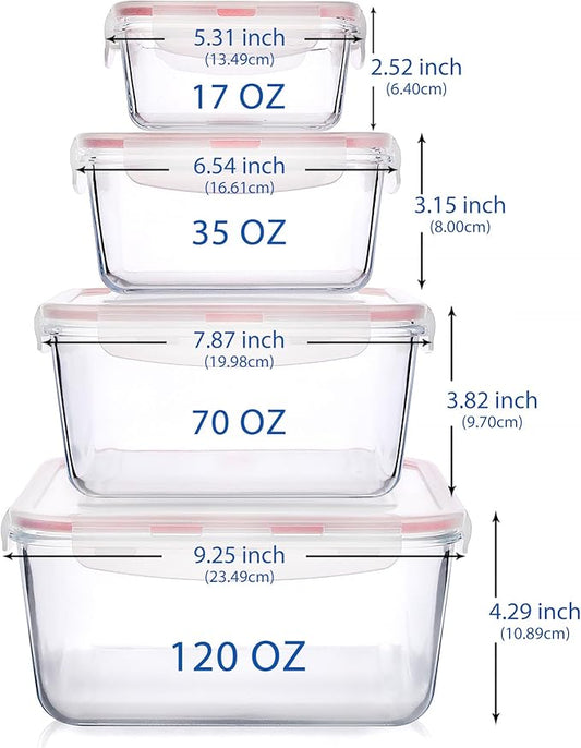 Extra Large Glass Storage Containers with Lids, Set-8-Piece Lunch Containers, Ideal for Storing Food, Vegetables, Fruits, Baking Cake & lot of other Tasty Food (Square)