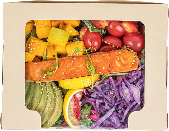 Restaurantware-Sustain 40 Ounce Sturdy Paper Take Out Boxes, 50 Disposable Take Out Food Containers - With PLA lining, Clear PLA Window, Bamboo Paper Containers, Compostable, Tab-Lock Design