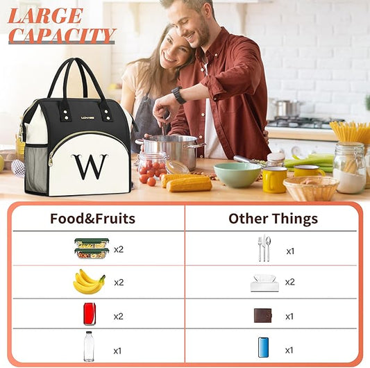 Personalized Lunch Bag for Women, Preppy Reusable Insulated Initials Lunch Box Gift for Friend Large Wide-Open Water Resistant Adult Cooler Tote Bag for Work, Travel, Picnic - Black N