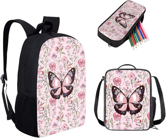 Dolyues Pink Butterfly Kids Backpack Set - Schoolbag for Boys & Girls, Includes Lunch Box & Pencil Case - Perfect for Elementary & Middle School Students