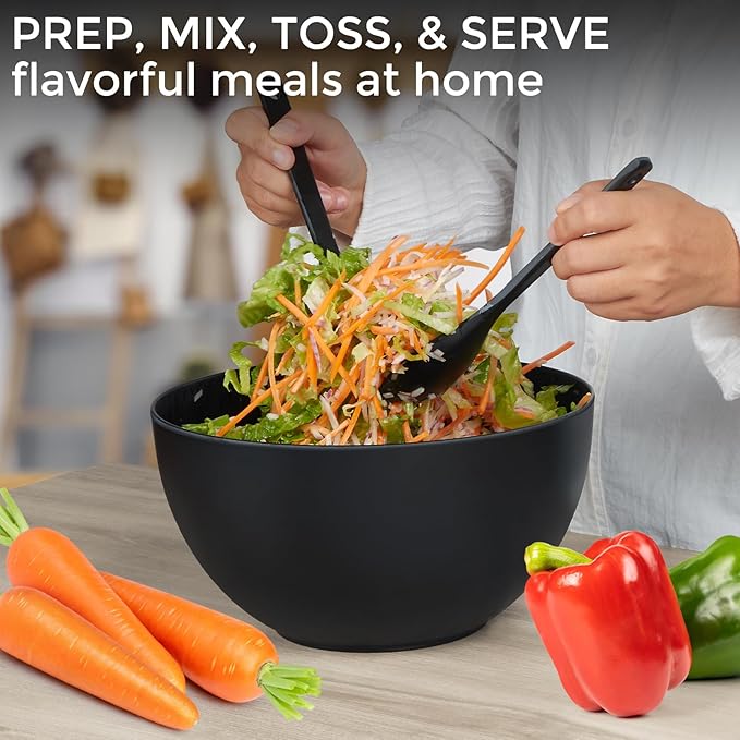 10" Large Salad Bowl with Sealing Lid & Serving Utensils,135Oz, Black Big Bamboo Fiber Salad Serving Bowl with Servers for Mixing/Serving (Silicone Dark Grey Lid)