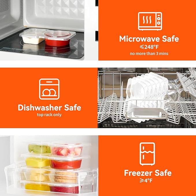 Qeirudu 20 Sets 4.5 oz Reusable Plastic Snack Containers, Double Compartment Condiment Containers with Lids for Meal Prep, Dipping Sauce, Portion Control, Travel Snack