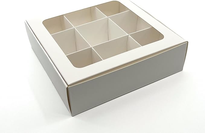 Treat boxes with window and dividers | 9 SMALL compartments | 6.5 x 6.5x 1.9 in | Chocolate covered strawberries supplies, macaron boxes, baked goods packaging | 10-pack (White)