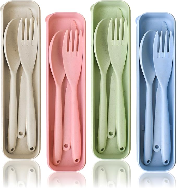 Lnrkai Large Camping Utensil Set, 4 Sets Reusable Utensils Set with Case, Plastic Cutlery Set Travel Set with Case for Travel Picnic Camping or Daily Use