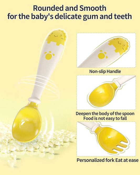 Deejoy Toddler Utensils, Self-feeding Flatware Set withTravel Case, Baby Spoons and Forks with Silicone Bendable Handle, Easy Grip Heat-Resistant, Ideal for Kids, Stage 2 (Yellow)