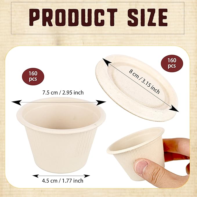 160 Pcs 4 oz Bagasse Fiber Souffle Cups with Lids Natural Disposable Paper Condiment Cups Compostable Portion Cups Sample Bowls for Snack Tasting Salad Dressing Food Storage