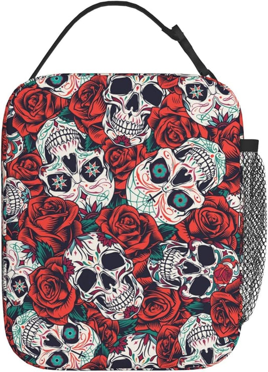 YETTA YANG Sugar Skull Rose Flower Portable Lunch Bag Insulated Lunch Box Reusable Totes For Women Men Work Picnic Camping