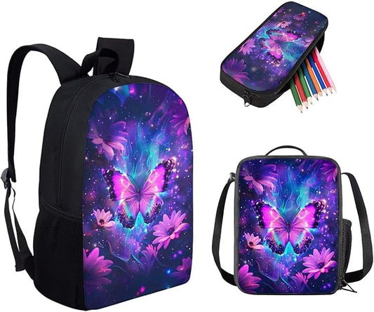 Dolyues Purple Flower Butterfly 3-Piece Kids Backpack Set: Casual Daypack with Lunch Bag and Pencil Case - 17” School Bag for Boys & Girls - Perfect for Preschool and Cool Adventures