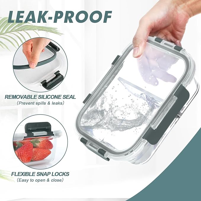30 oz 5 Pack Glass Meal Prep Containers 2 Compartments, Glass Food Storage Containers with Lids, Airtight Lunch Box, Microwave, Oven and Freezer Safe