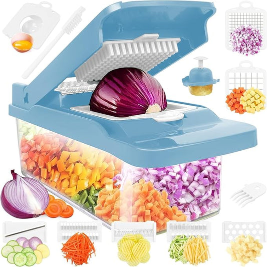 Vegetable Chopper,Food Chopper,Pro 12 in1 Multifunctional Onion Veggie Chopper,Vegetable Chopper With Container,Vegetable Slicer Dicer Cutter,Mandoline Slicer,Salad,Garlic (Blue)