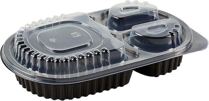 Restaurantware RW Base 19 Ounce Meal Prep Containers, 100 Microwavable To Go Containers With Lids - 3 Compartments, Disposable, Black Plastic Oval Food Containers, For Hot And Cold Food, Freezable