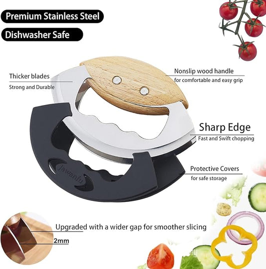 Mezzaluna Salad Chopper Tools with Protective Cover, Super Sharp Handheld Double Blade Chopping Knife, Stainless Steel Rocker Knife for Salad, Vegetable Mincing