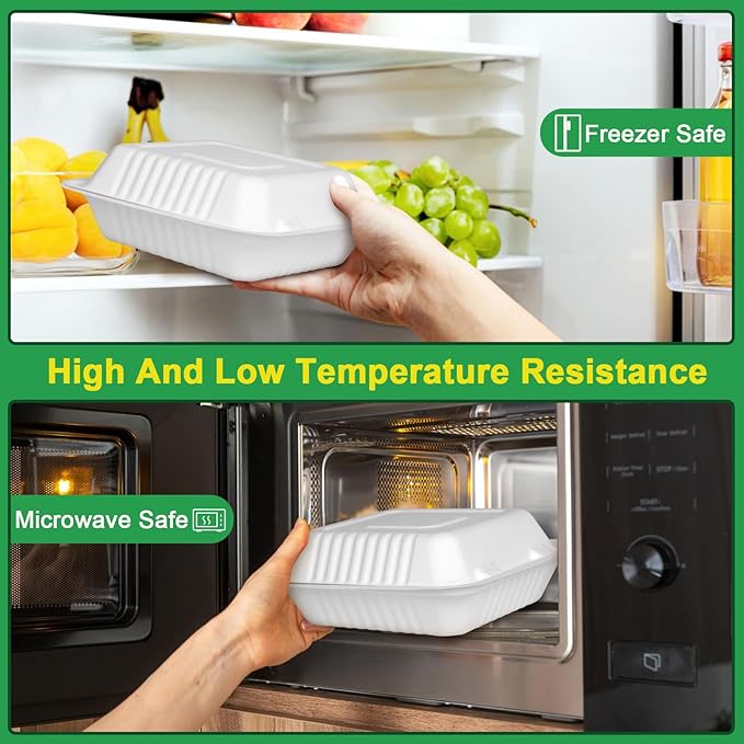 Take Out Food Containers With Lids, 100 Pack Clamshell To Go Containers, 9x9 Carry Out Container For Food, Eco-Friendly Biodegradable To Go Boxes, Biodegradable Made From White Sugarcane Fibers