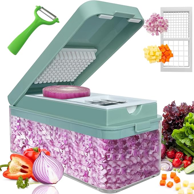 Vegetable Chopper, Onion Dicer, Mandoline Slicer, Food Chopper with Container, Vegetable Cutter for Salad Potato Carrot Garlic（2 Blades, Blue White）