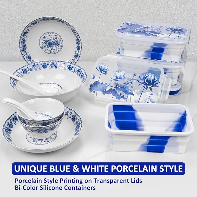 Collapsible Food Storage Containers with Lids in Blue and White Porcelain China Style, 48oz, 4 Pack, Stackable Silicone Containers for Food Lunch, Microwave Freezer Dishwasher Safe, Clear
