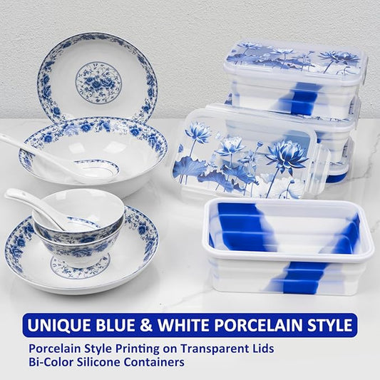 Collapsible Food Storage Containers with Lids in Blue and White Porcelain China Style, 48oz, 4 Pack, Stackable Silicone Containers for Food Lunch, Microwave Freezer Dishwasher Safe, Clear