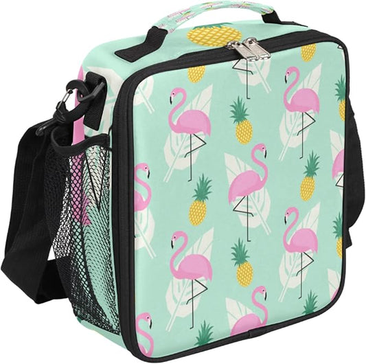 Flamingo Kids Lunch Box Pineapple Insulated Lunch Bag Tote for Girls Boys, Cooler Freezable Meal Prep Bag with Shoulder Strap Waterproof Lunch Container for School Office Picnic