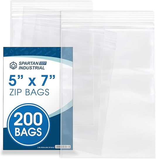 Spartan Industrial - 5” X 7” (200 Count) 2 Mil Clear Reclosable Zip Plastic Poly Bags with Resealable Lock Seal Zipper