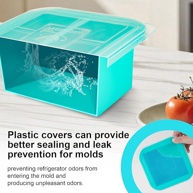 Silicone Freezer Tray with Lid 2 Pack Silicone Freezer Molds Ice Cube Tray Makes 2 Perfect 2 Cup Portions Soup Cubes Meal Prep Containers - Oven & Dishwasher Safe