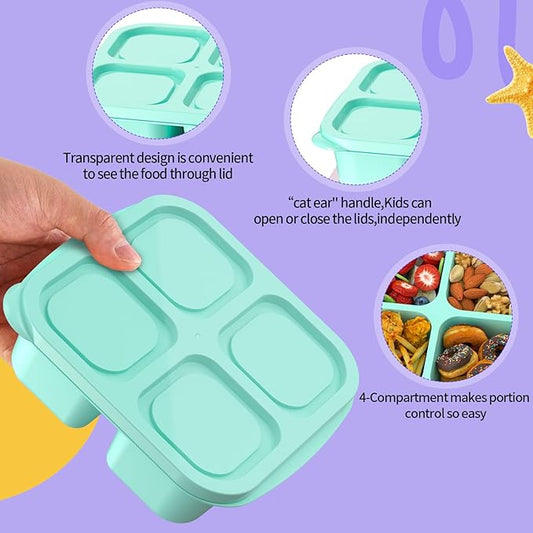 Bento Lunch Box for Kids (4 Pack) - 4-Compartment Salad Container for Lunch, Reusable BPA-Free Food Prep Containers, Snack Container for School, Work, and Travel (Solid Color)