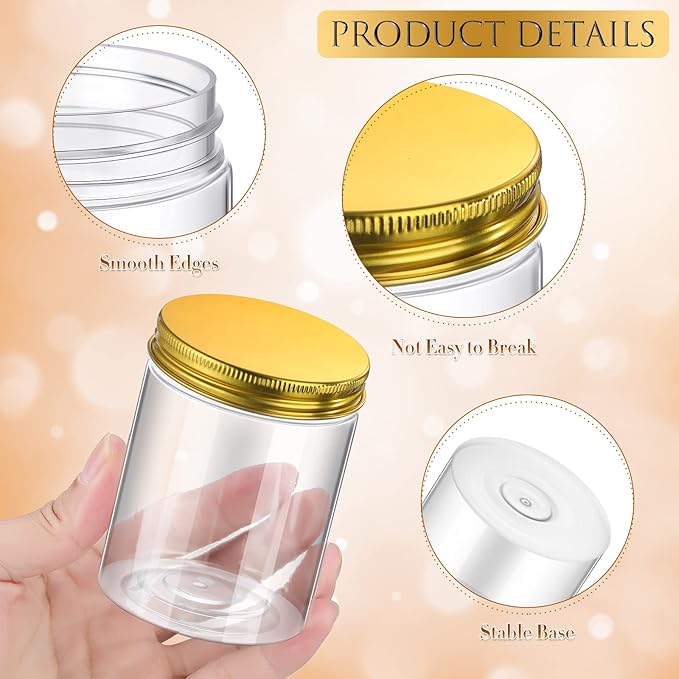 Aoriher 48 Pcs 8oz Plastic Mason Jars with Lids Round Clear Plastic Jars Containers Refillable Small Empty Storage Containers Food Canisters for Kitchen Storage(Gold)