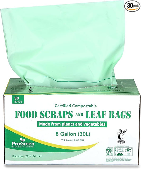 Compostable Trash Bags, Extra Thick, Compost Kitchen Bin Bags, Food Scraps Yard Waste Bags, ASTM D6400 BPI and TÜV AUSTRIA Certified (8 Gallon, Pack of 30)