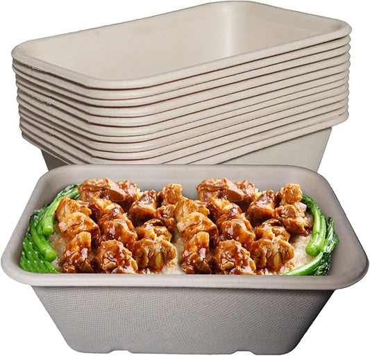 EcoQuality 34oz Disposable Bowls - Rectangular Compostable Sugarcane Fiber Biodegradable Paper Bowls Eco-Friendly Oblong Take Out Food Containers, Food Storage, Microwave Safe, Meal Prep (100 PACK)