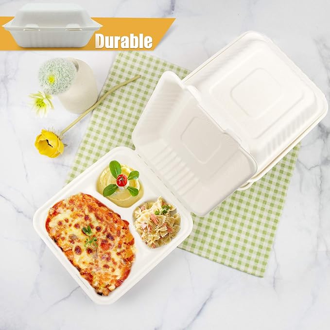 Green Earth 8-Inch, 200-Count, 3-Compartment, Compostable Clamshell, Natural Bagasse (Sugarcane Fiber), Take-Out/to-Go Food Boxes - Biodegradable Containers, Hinged Lid Microwave-Safe Gluten-Free