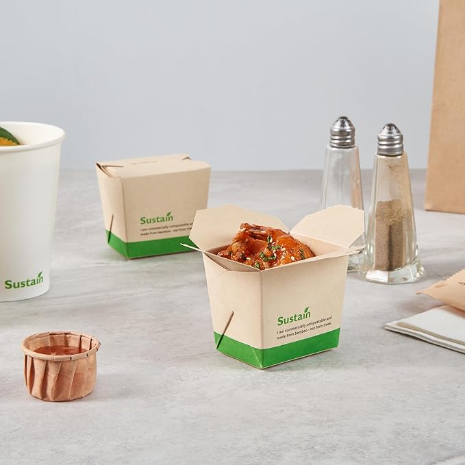 Restaurantware Sustain 8 Ounce Sturdy Paper Take Out Boxes, 200 Disposable Take Out Food Containers - With PLA lining, Compostable, Bamboo Paper Containers, Built-In Tab-Lock Cover, Greaseproof