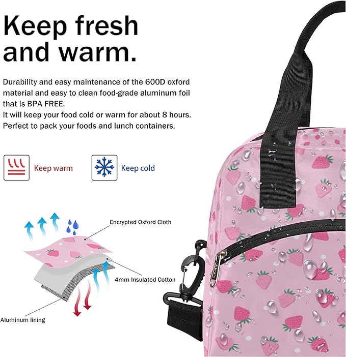 Pardick Pink Strawberry Insulated Lunch Bag Polka Dot Lunch Box for Women Girl with Shoulder Strap Tote Bag Reusable Large Containers Meal Prep for School Work Travel Picnic Thermal Cooler Bag