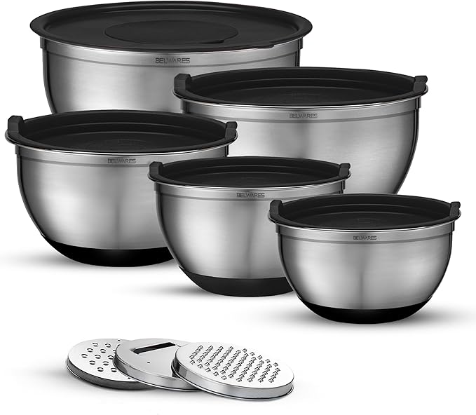 Mixing Bowls with Lids Set of 5 - Nesting Bowls with Airtight Lids and Graters - Stainless Steel Non-Slip Mixing Bowl for Baking, Food Storage and Prepping (Black)