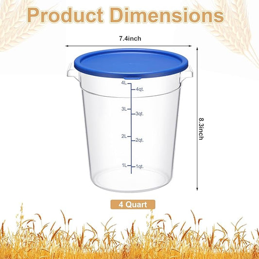 Suclain 4 Pcs 4 Qt Food Storage Container Bucket with Lids Clear Proofing Containers for Dough Rise Bread with Scale Handle Round Flour Commercial Storage Bucket for Home Restaurant Food