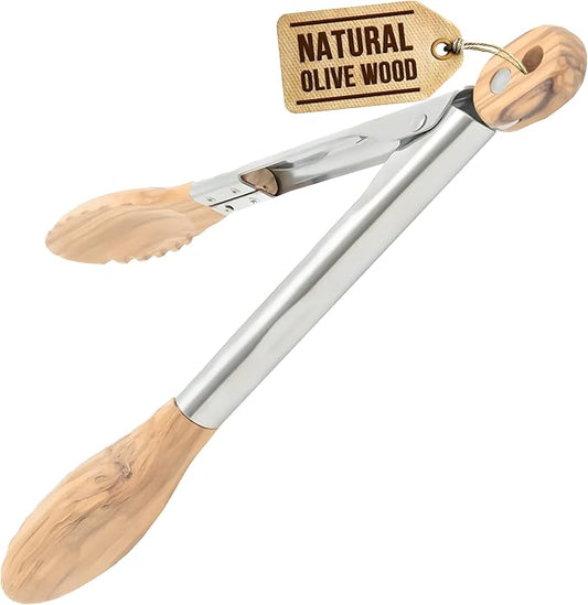 Boxiki Kitchen Tongs for Cooking with Wooden Tips - Wooden Tongs Ideal for BBQ, Salad, Toaster, Bread & Pickles - Made of Natural Olive Wood, Size 12 Inch