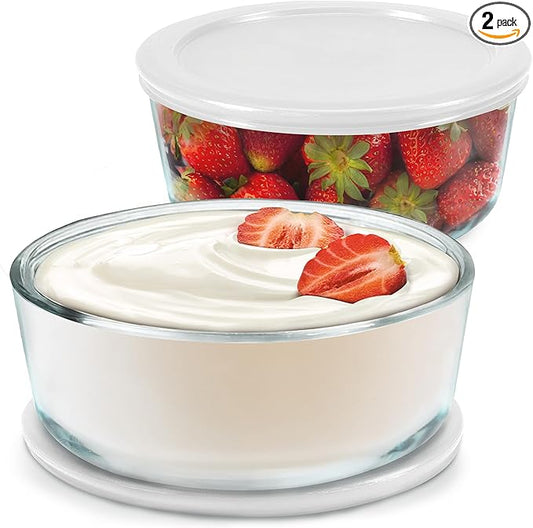 Ultimate Yogurt Containers 2 Pack - Make More Yogurt with 1-Quart Glass Containers (4 Cup) - Perfect for Food Storage & Meal Prep - 100% BPA free & Oven Safe Round Bowl Set with Lids