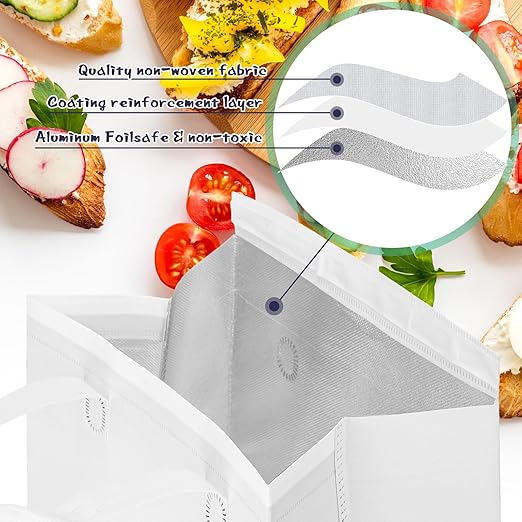 Kacctyen 100 Pcs Insulated Take Out Bags Bulk 9.5 x 6 x 9.5 in Thermal Insulation Food Bag for Coffee, Milk Tea, Hot Cold Food, Delivery Cooler Bag for Catering Restaurant Grocery Picnic (White)