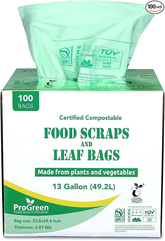 Compostable Trash Bags, Extra Thick, Compost Kitchen Bin Bags, Food Scraps Yard Waste Bags, ASTM D6400 BPI and TÜV AUSTRIA Certified (13 Gallon, Pack of 100)