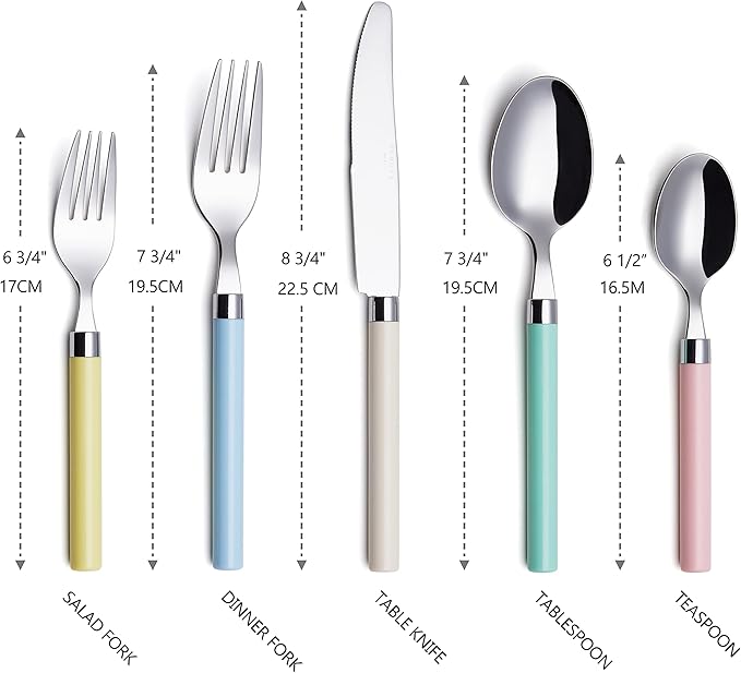 ANNOVA Silverware Set 20 Pieces Stainless Steel Cutlery Color Handle Flatware - 4 x Dinner Knife; 4 x Dinner Fork; 4 x Salad fork; 4 x Dinner Spoon; 4 x Dessert Spoon (Mix 68)