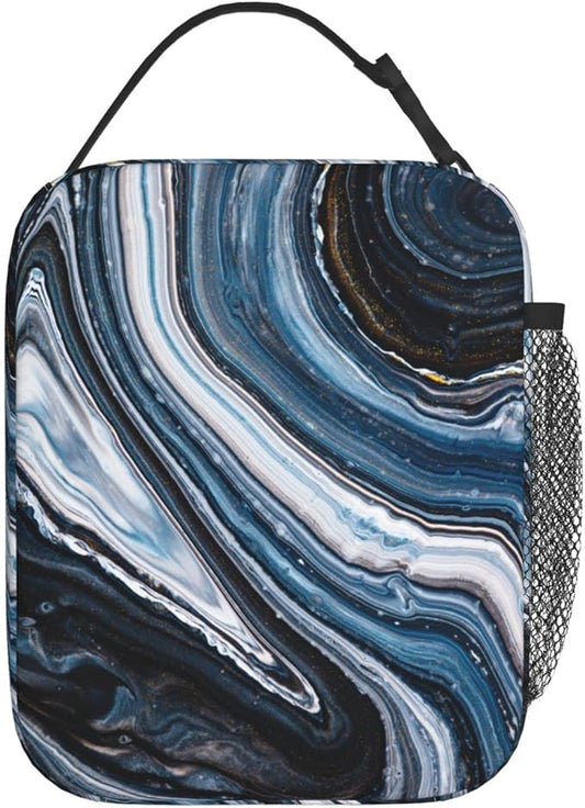 YETTA YANG Navy Black And White Marble Portable Lunch Bag Insulated Lunch Box Reusable Totes For Women Men Work Picnic Camping