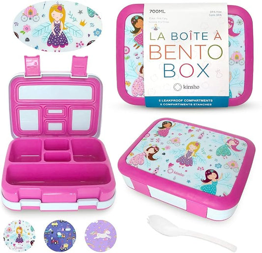 kinsho Bento Lunch Box for Kids Toddlers Girls, 5 Portion Sections Secure Lid, Microwave Safe BPA Free Removable Tray, Pre-School Kid Daycare Lunches Snack Container Ages 3 to 5, Pink Fairy Princess