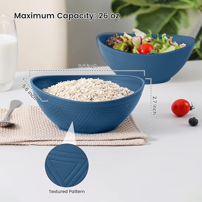 Wheat Straw Bowl 26 OZ - Unbreakable Serving Bowl Set of 4, Microwavable Bowls Set, Reusable Plastic Bowls for Cereal,Salad,Oatmeal,Soup, Kitchen Bowl (Blue)