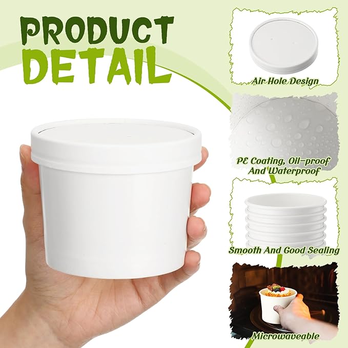 Fulmoon 100 Pack Paper Soup Containers with Lids Disposable Paper Food Containers with Vented Lids Kraft Ice Cream Bowls Soup Cup Ice Cream Cups for Restaurants(12 oz,White)