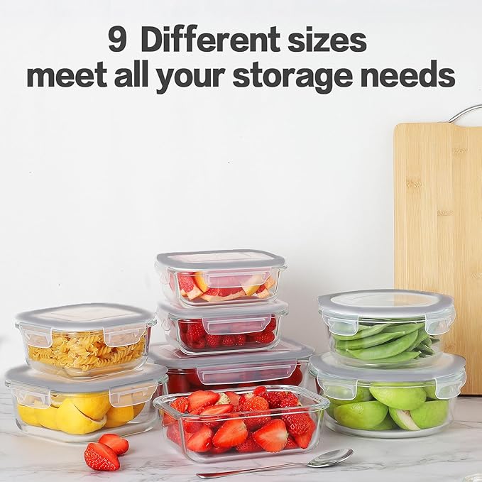 HOMBERKING 24pc Glass Food Storage Containers with Lids, Glass Meal Prep Containers, Airtight Glass Bento Boxes, BPA Free & Leak Proof, Pantry Kitchen Storage(12 lids & 12 Containers) - Gray