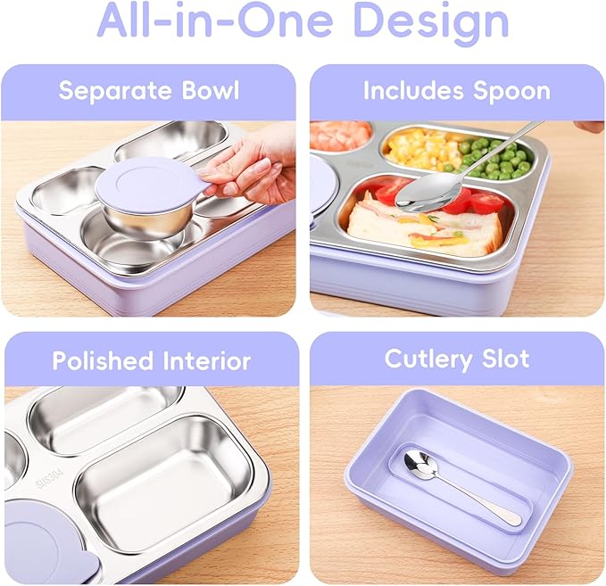 36-oz Lunch Box Containers Stainless Steel Bento Box for Adults with 4-Compartment Snack Tray, Soup Bowl with Lid & Metal Spoon, Dishwasher Safe, Easy to Carry, Purple