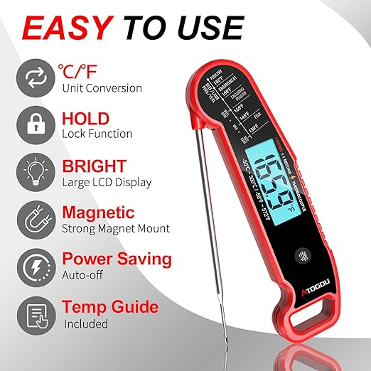 Professional Food & Meat Thermometer, 1 Sec Instant Read & ±0.5℉ Accuracy Driven by Thermocouple Sensor. IP67 Waterproof Digital Thermometer for Cooking, BBQ, Grilling. Gifts for Him Dad. Red