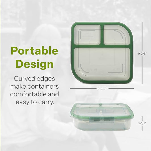 Large To-Go 3-Compartment Food Containers, Pack Of 3, 9-3/8" X 9-3/8" X 2-1/2", Reusable, Microwave Safe, NSF Certified, Smoke/Green