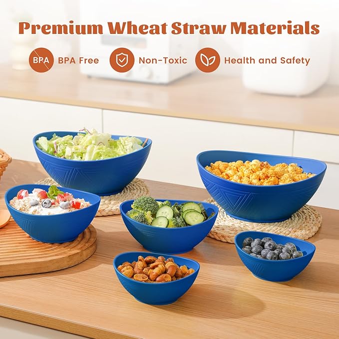 Homienly Wheat Straw Mixing Bowl Set, Wheat Straw Mixing Bowls 6 PCS, Nesting Bowls with Textured Pattern, Unbreakable Bowls Set Include 3 Size, Dishwasher and Microwave Safe Bowls for Kitchen(Blue)