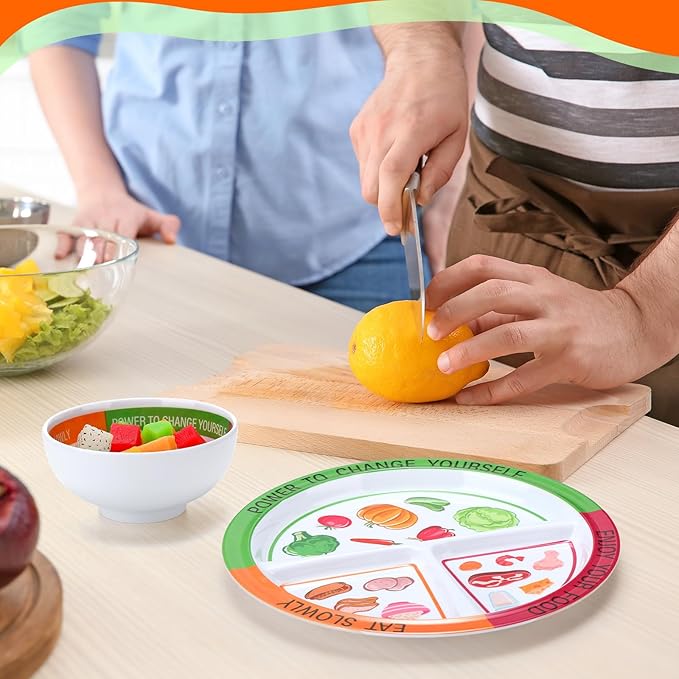 Tioncy 8 Pcs Bariatric Portion Control Set with 4 Bariatric Plates 4 Portion Control Bowls for Adults Diet Balanced Eating Weight Loss Serving Plans (Stylish)